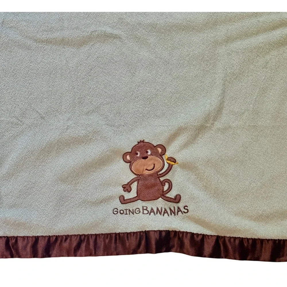 Carters Going Bananas Monkey Baby Blanket Sage Green Brown Satin  Trim 29x38